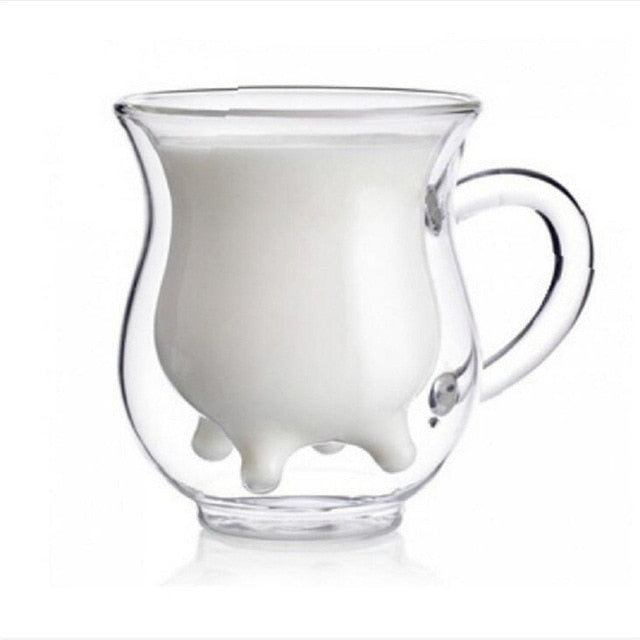 Creative Glass Cow Cups Double Wall Handgrip Milk Cup Mug Insulation Transparent Drinkware Udder Style Creamer Pitcher Jug