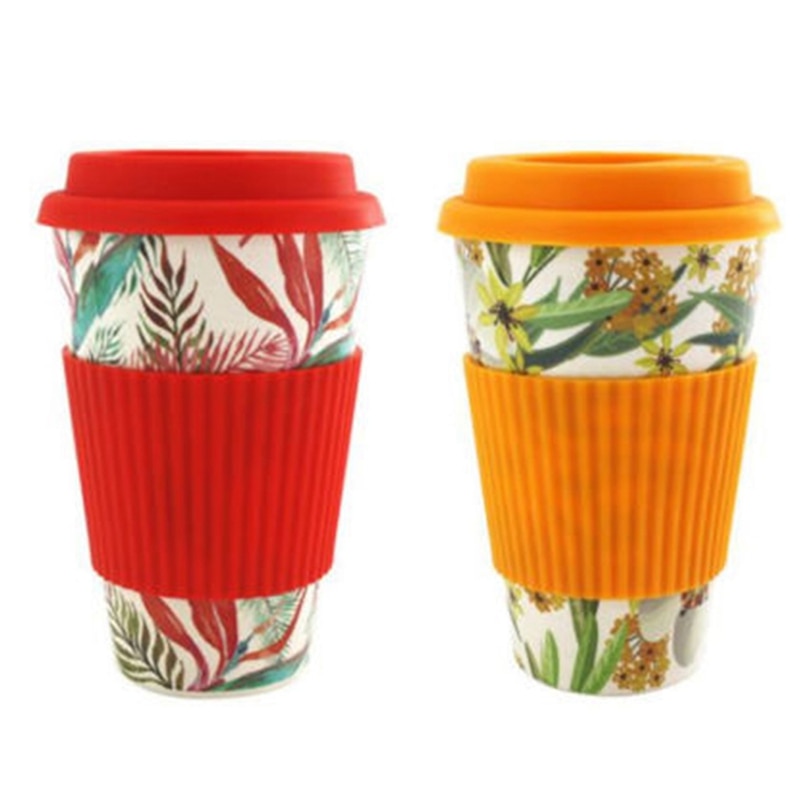 2x Mugs Reusable Bamboo Fiber Coffee Mugs Insulation Travel Mug 430ML Drink Cup Red & Orange